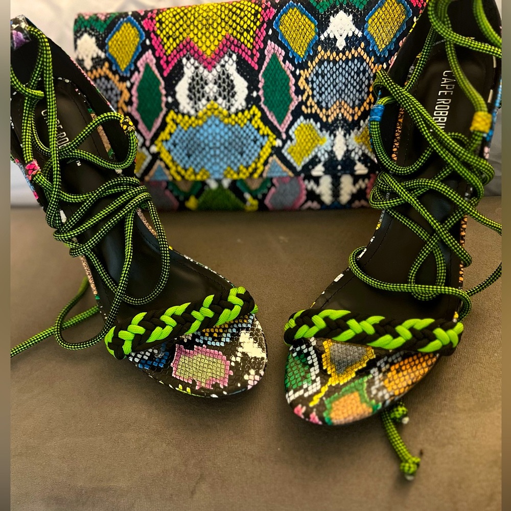 4.5 inch open toe multi colored sandals with matching clutch!!!